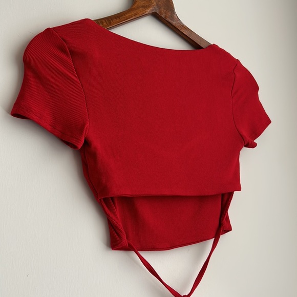 Princess Polly Red Ribbed Tie Back Cropped Shirt - Picture 7 of 9